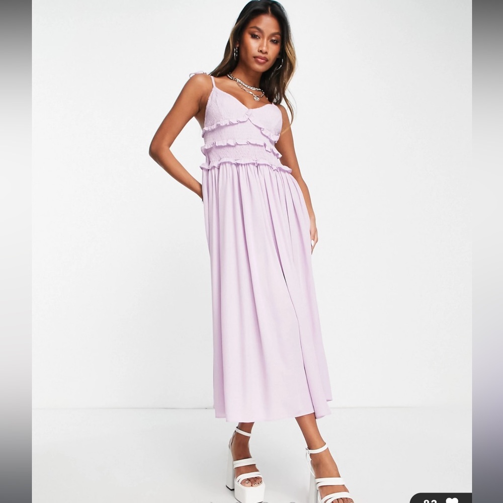 Topshop shirred ruffle slip midi dress in lilac